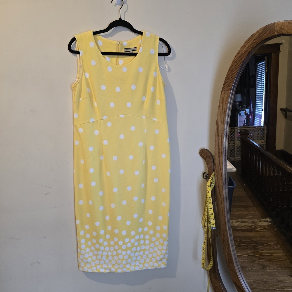 Maya Brooke 10 Yellow/White Polka Dot Zip Back Sheath Sleeveless Dress